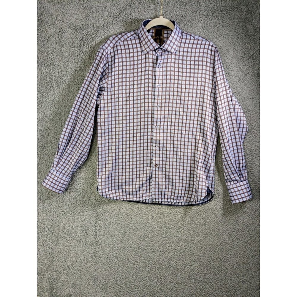 Visconti Black Shirt Medium Long Sleeve Button Up Flip Cuff Blue Brown Plaid